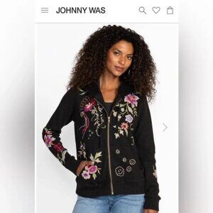 Johnny Was Black Cardigan with Floral Embroidery